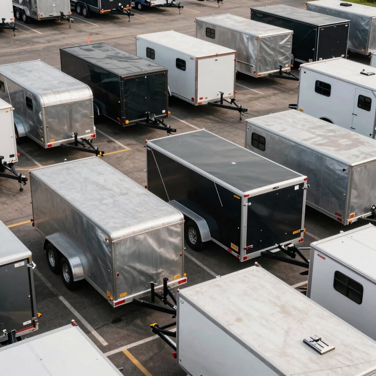 A fleet of various car trailers lined up neatly in a professional rental lot in the North American / US DFW area.