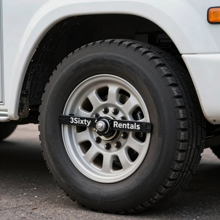 Close-up of a trailer wheel and secure tie-down points, illustrating the high maintenance standards of 3Sixty Rentals.