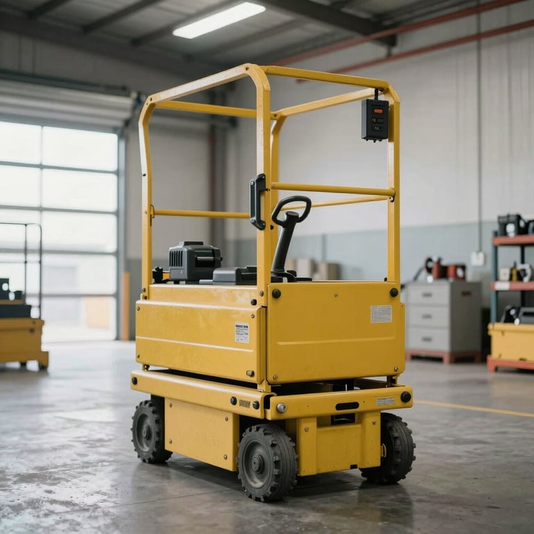 An electric scissor lift positioned inside a bright, clean North American / US warehouse space.