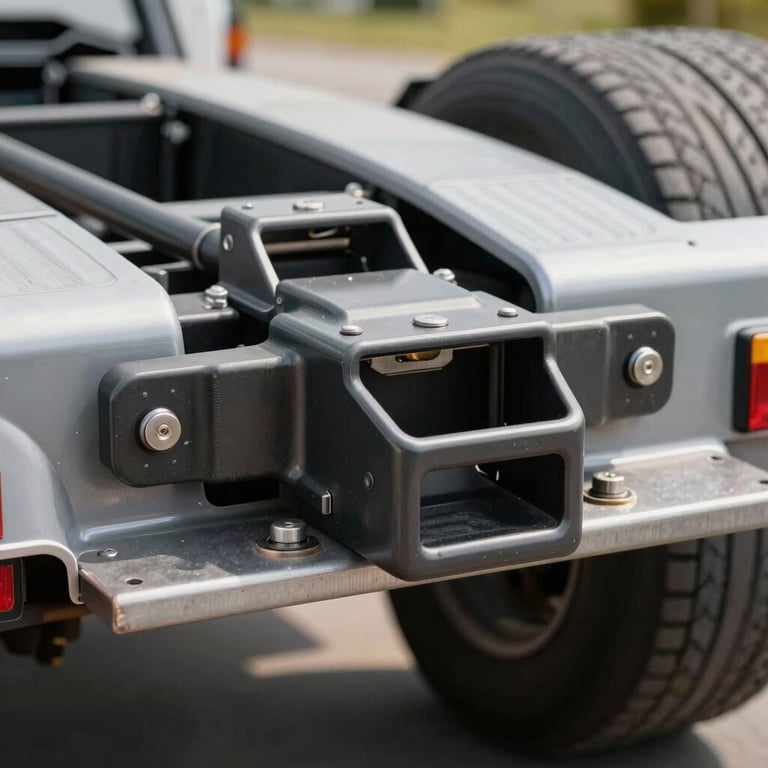 A detailed shot of a dual-axle car trailer hitch, emphasizing strength and safety in a North American / US industrial setting.