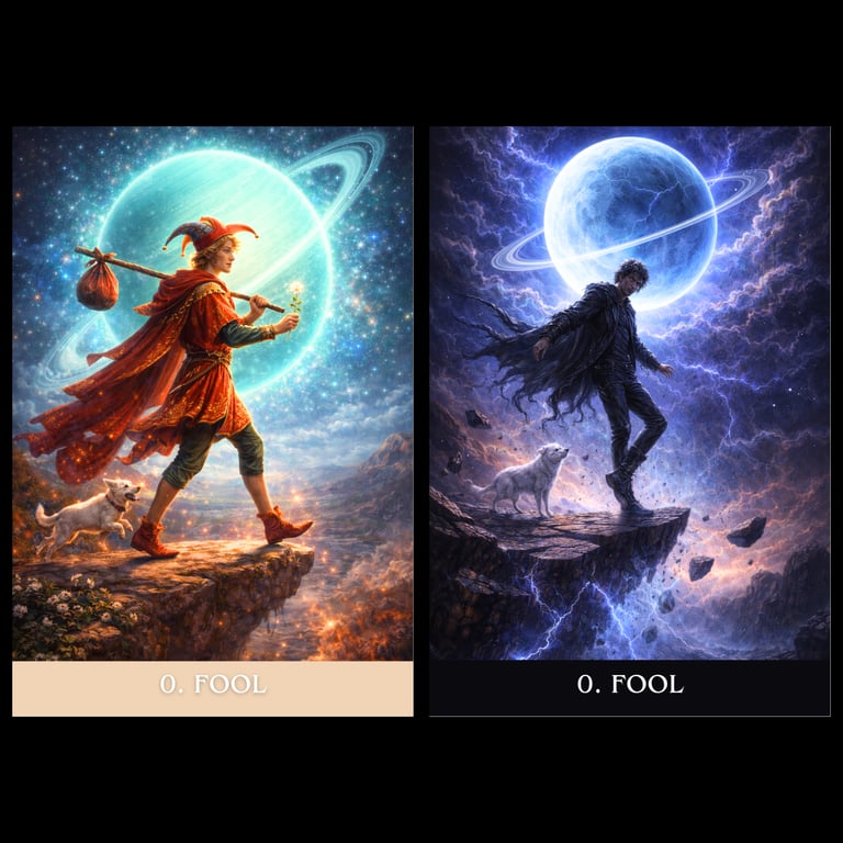 Two artistic versions of The Fool tarot card depicting travelers on a cliff edge under cosmic planets.