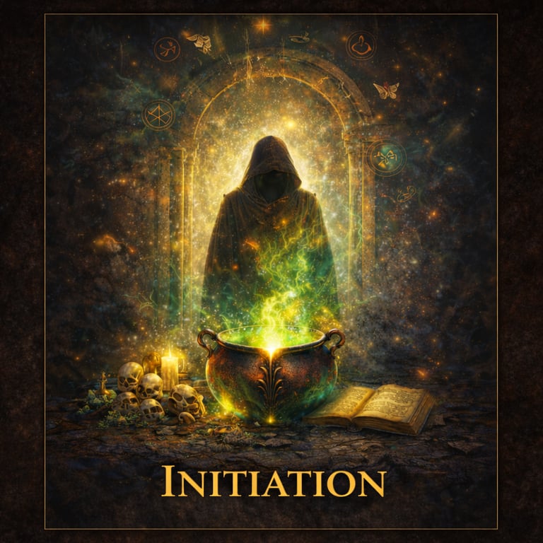 A hooded wizard performs a mystical ritual with a glowing green cauldron, skulls, and ancient spellbook.