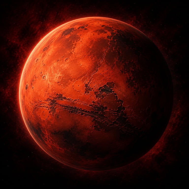Detailed red planet Mars with craters and deep canyons in dark outer space galaxy.