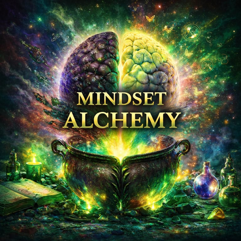 Conceptual art of a human brain glowing over an alchemist cauldron with the text Mindset Alchemy.