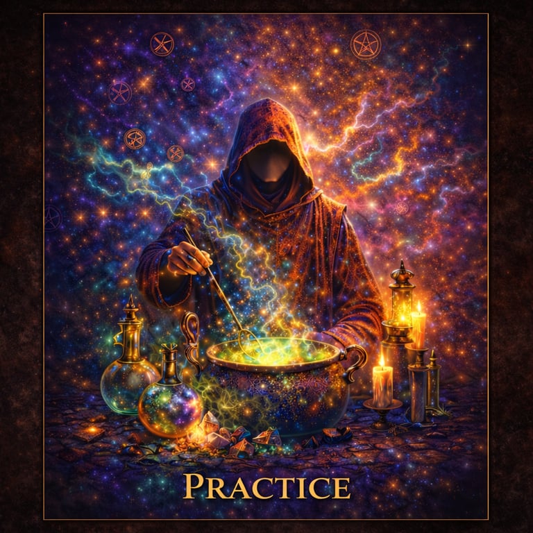 A hooded wizard brewing a glowing potion in a cauldron under a cosmic sky with mystical symbols.