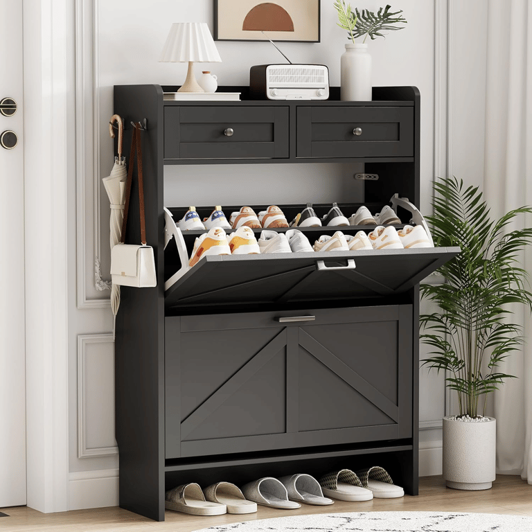 Slim wooden shoe storage organizer with adjustable shelves, perfect for narrow hallways and modern h