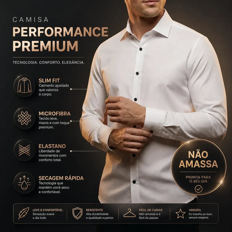 Camisa Social Masculino Manga Longa Slim Fit Não Amassa
