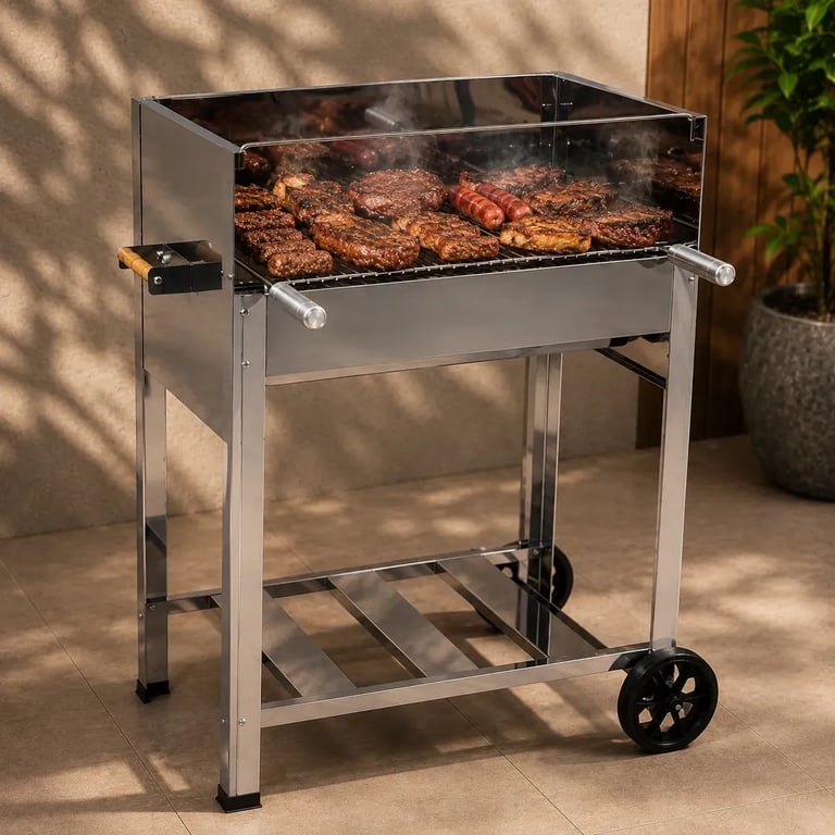 Churrasqueira Inox Luxo Duas Alturas Com Grelha E Roda