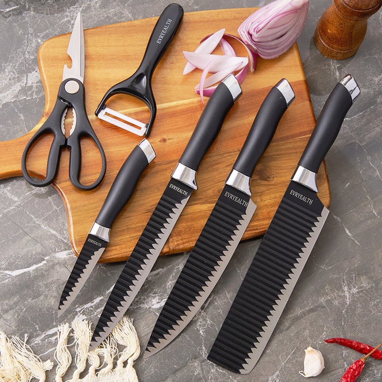 Kit facas de cozinha/Churrasco Profissional Antiaderente 6 Peças Preto