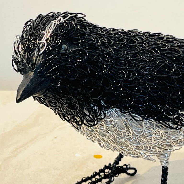WILLY WAGTAIL,  pine and plated wire bird by Guy Cranston
