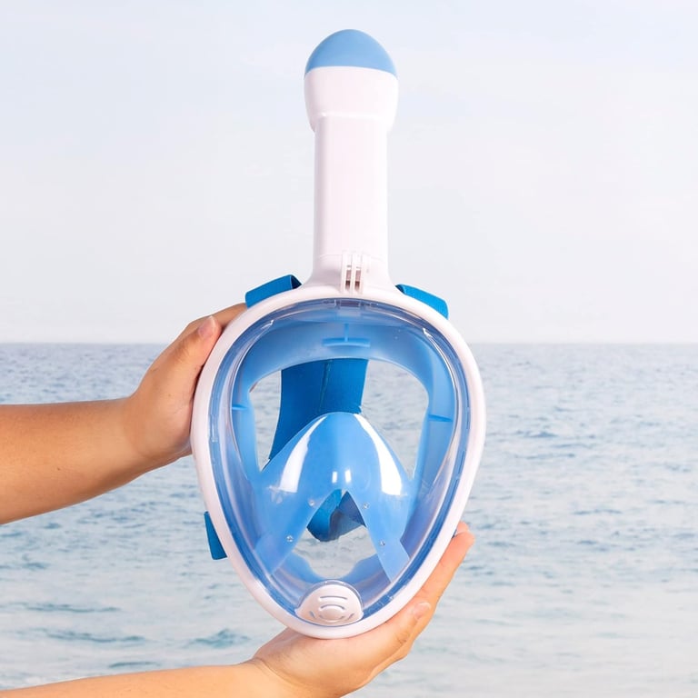 a person holding a blue mask mask and a blue mask