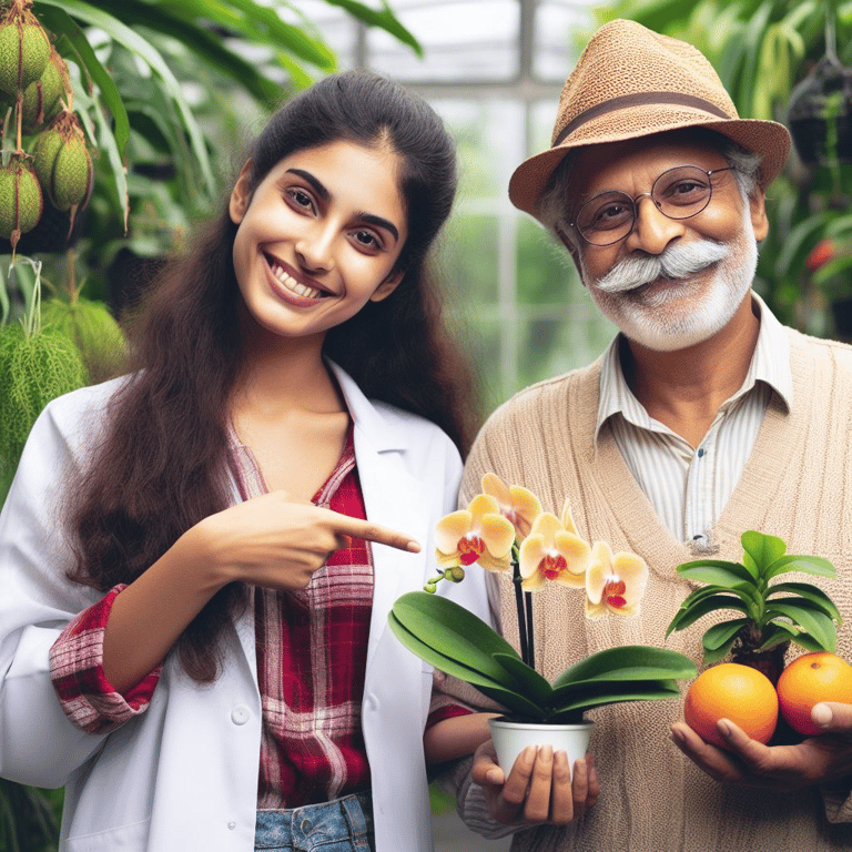 a botanist showing orchids and fruits a farmer grew