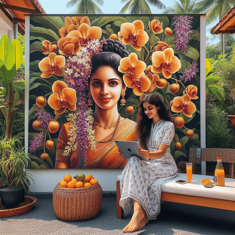 girl with ipad has a backgroud mural with orchids