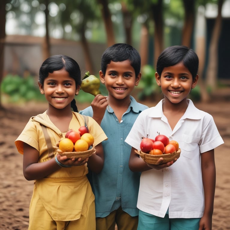 a happy family posing with orchids and fruits