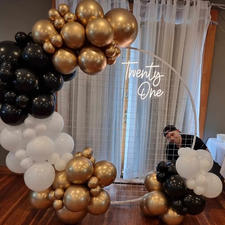 Circle Backdrop setup for a milestone Twentyone Birthday in Cleveland, Redlands - party hire by SweetAz Co.