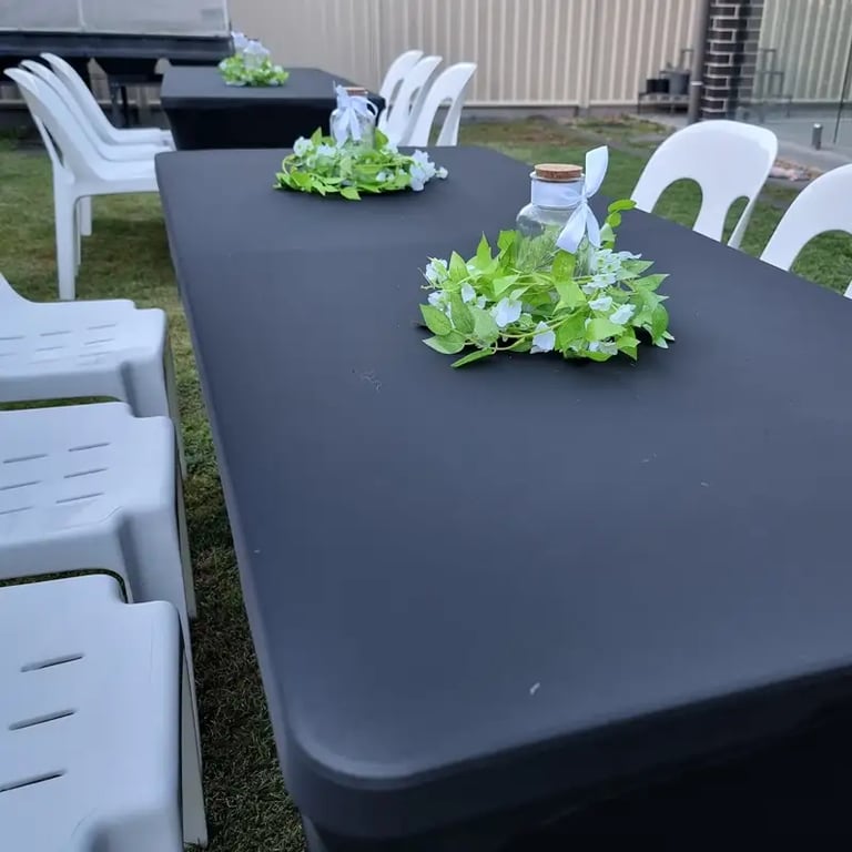Folding Table with table toppers at a Baby Shower in Victoriapoint, Redlands - party hire by SweetAz Co.