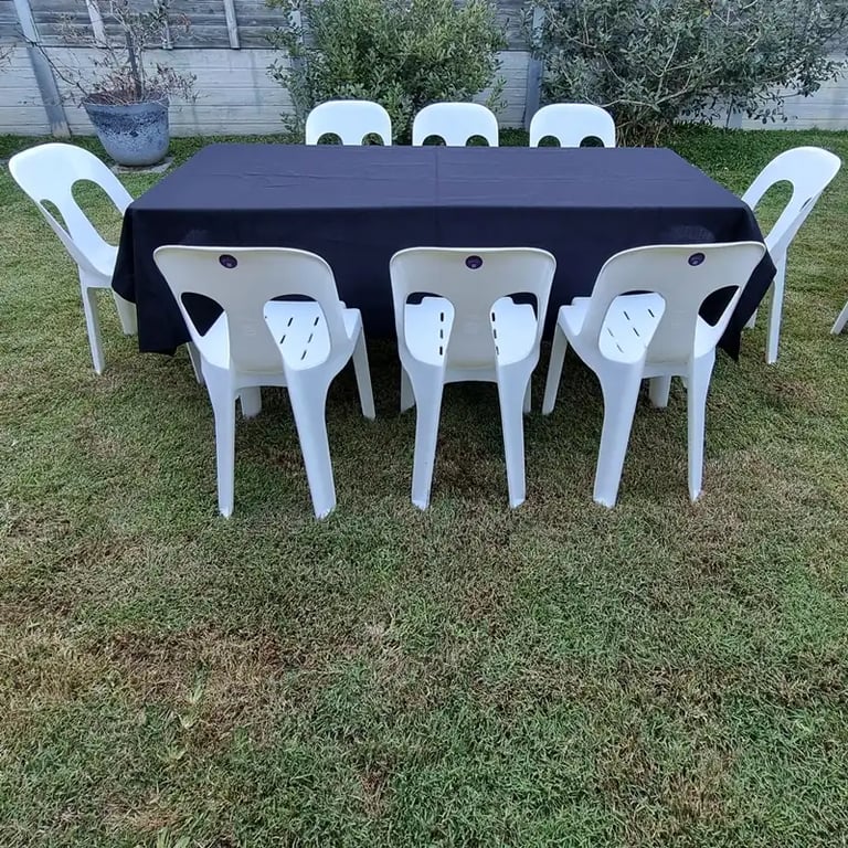 Folding Table surrounded by chairs at a Birthday Party in Wellingtonpoint, Redlands - party hire by SweetAz Co.