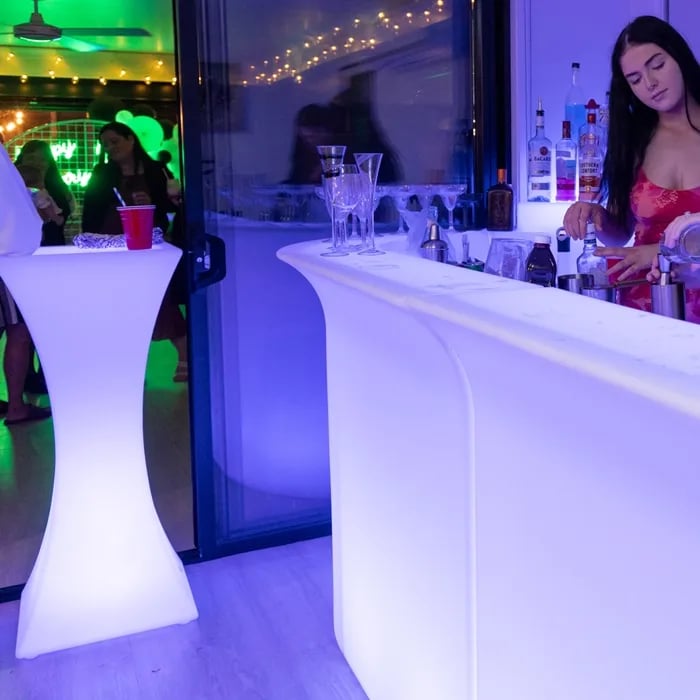 Glow Bar setup with a matching Cocktail Table in Alexandrahills, Redlands - party hire by SweetAz Co.