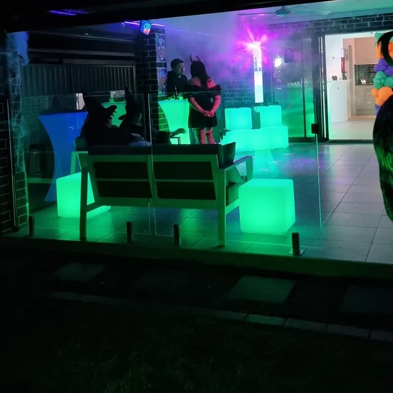 Glow Furinture setup for a Halloween Party in Shailerpark, Logan - party hire by SweetAz Co.