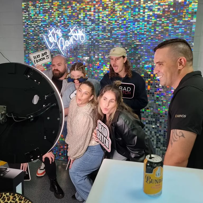 Maleesha and guests in her pimped photo booth for her 40th in the Brisbane.