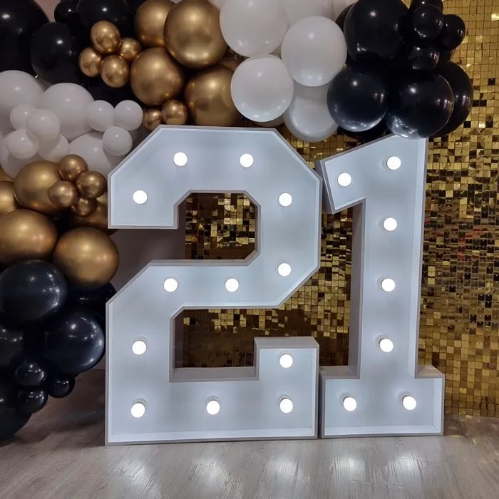 White light-up 21st birthday numbers setup in Redlands by SweetAz.