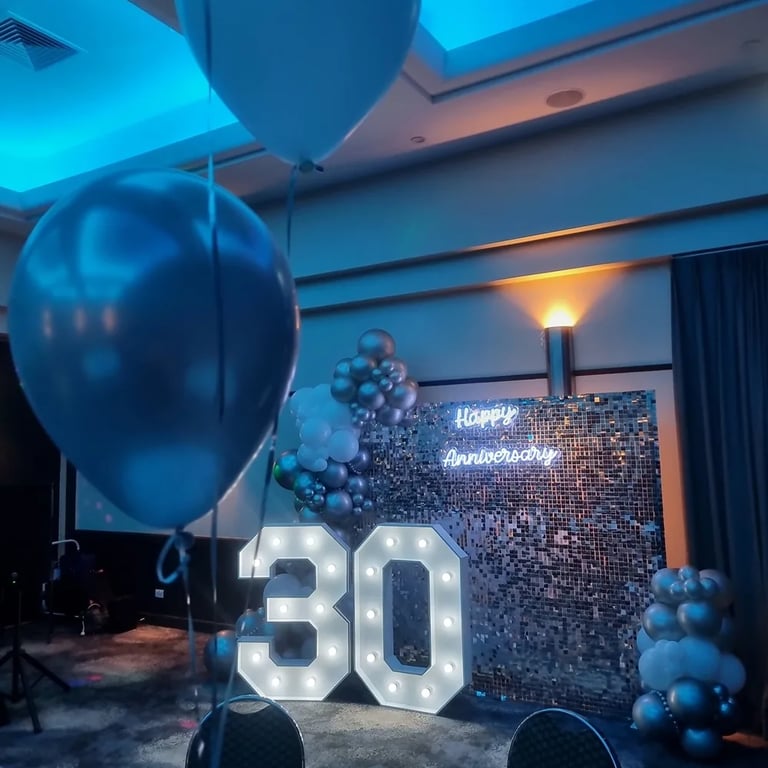 Lightup Numbers and silver glam at a 30th Anniversary in Loganholme, Logan - party hire by SweetAz Co.