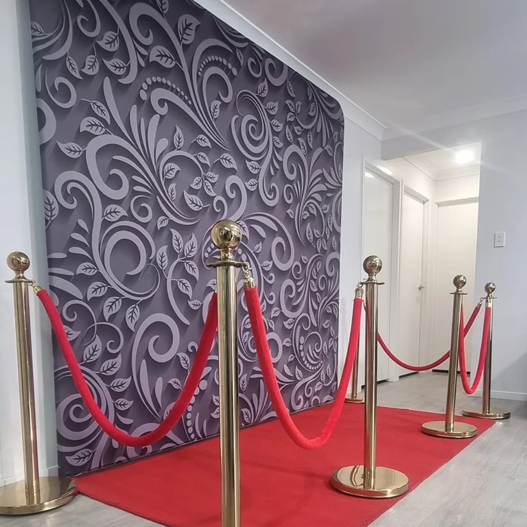 Photo Backdrop with red carpet and stanchions in the Glam Package in Redlandbay, Redlands - party hire by SweetAz Co.