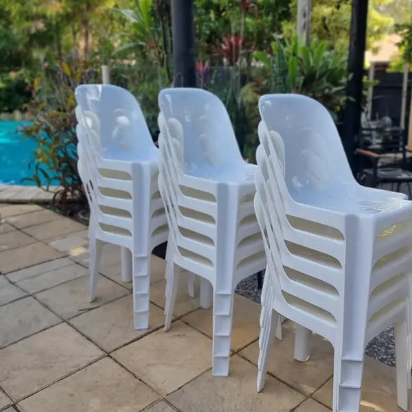 Chairs stacked in the gazebo area for Rhys's 21st birthday party in Redlands.