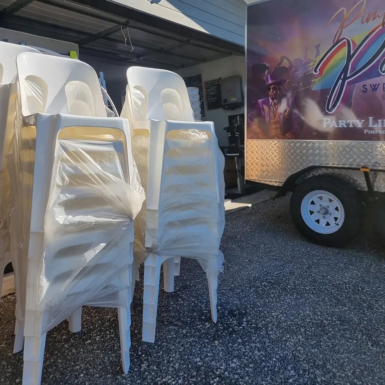 New plastic chairs arriving at SweetAz Co. and ready for their next event in Redlands.