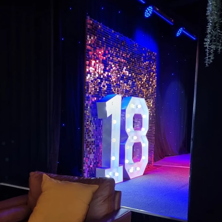 Shimmer Wall on the stage at a venue during an 18th Birthday Party in Loganholme, Logan - party hire by SweetAz Co.