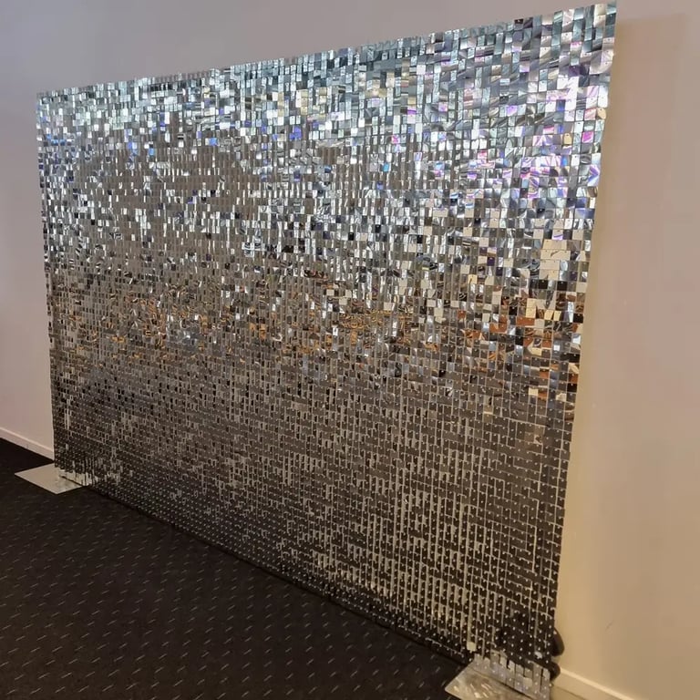 Silver Shimmer Wall adding sparkle to an Anniversary Event in Ormeau, Gold Coast - party hire by SweetAz Co.