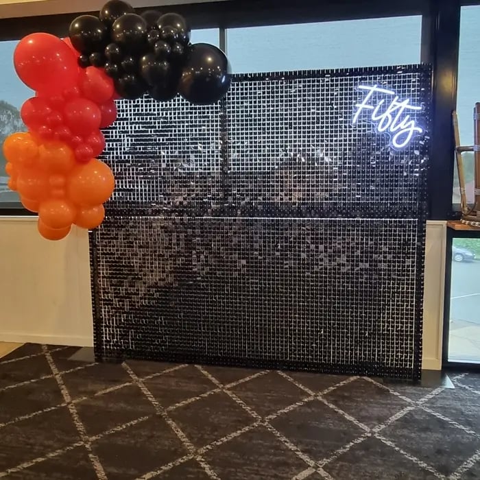 Shimmer Wall Black 50Th celebration in Wellingtonpoint, Redlands - party hire by SweetAz Co.