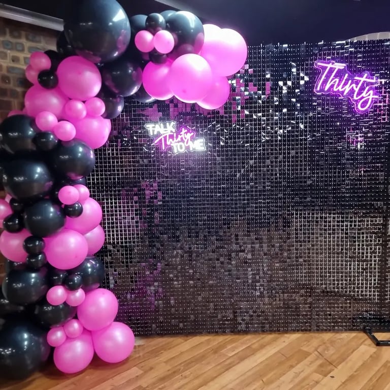 Shimmer Wall Black Birthday celebration in Acaciaridge, Brisbane - party hire by SweetAz Co.