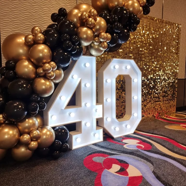 Shimmer Wall glamming up a double 40Th in Alexandrahills, Redlands - party hire by SweetAz Co.