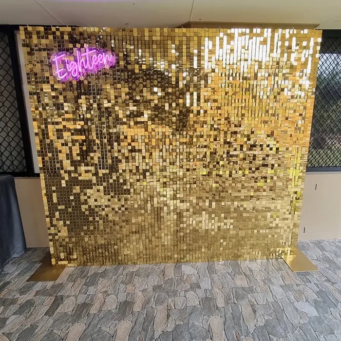 Shimmer Wall setup for a Gold Birthday in Redlandbay, Redlands - party hire by SweetAz Co.