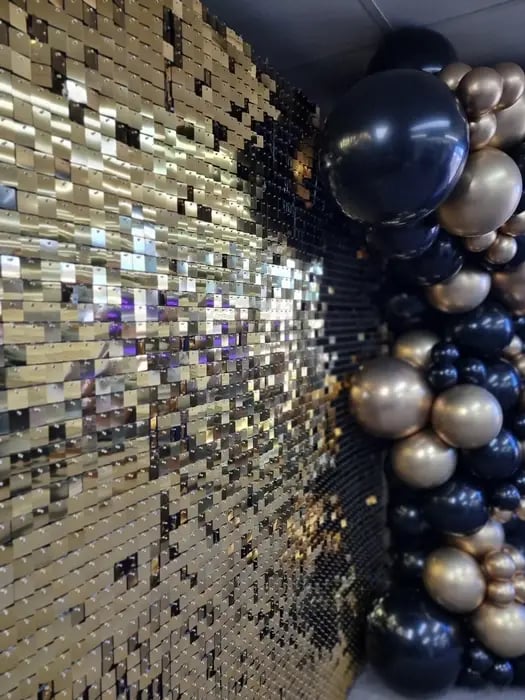 Shimmer Wall setup for a Grand Gold Opening in Oxenford, Gold Coast - party hire by SweetAz Co.