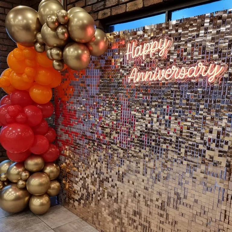 Shimmer Wall in the colour of Rosegold at an Anniversary in Taringa, Brisbane - party hire by SweetAz Co.