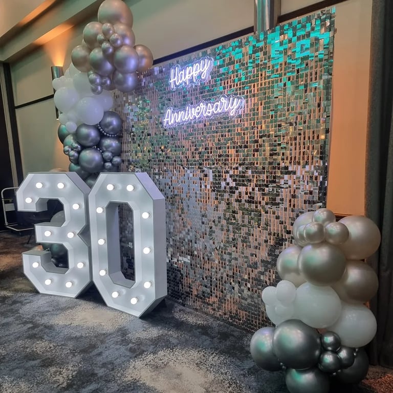 Shimmer Wall adding a chick vibe at a Wedding Anniversary in Loganholme, Logan - party hire by SweetAz Co.