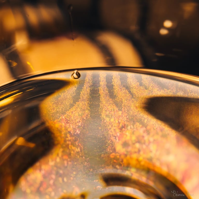 Rangs de vigne dans un verre de vin blanc