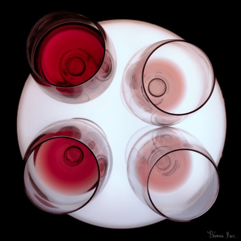 Quatre verres de vin rouge vus de dessus en dégustation