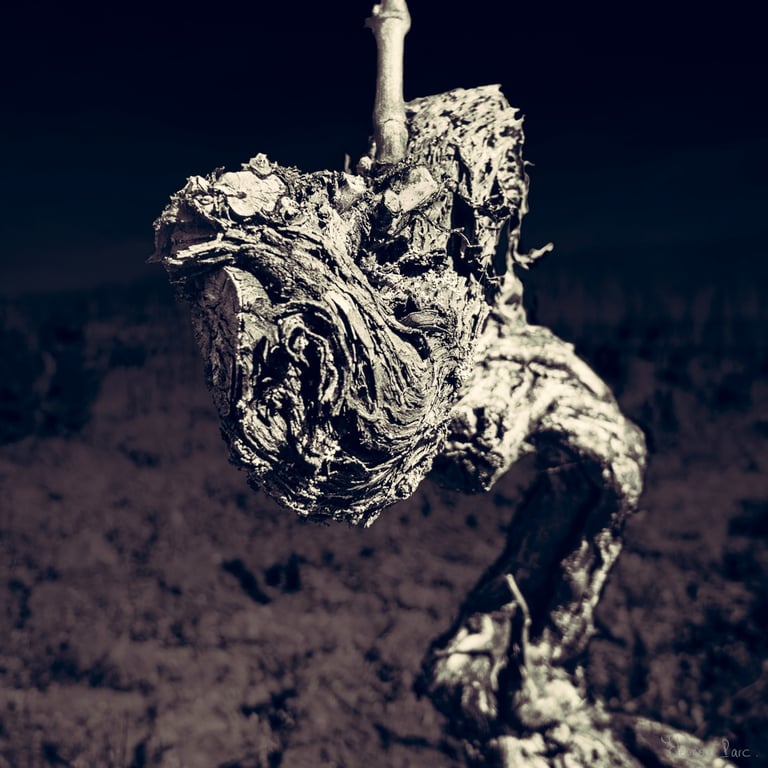 Vieux cep aux formes tourmentées, capture en noir et blanc révélant une dimension mythologique