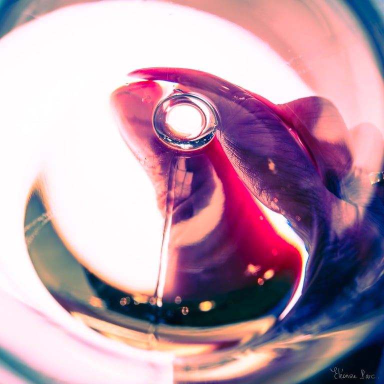 Reflets oniriques en forme de grenouille dans le vin.