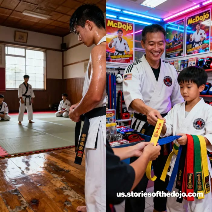 Split-scene image contrasting traditional martial arts training with commercialized McDojo culture. 