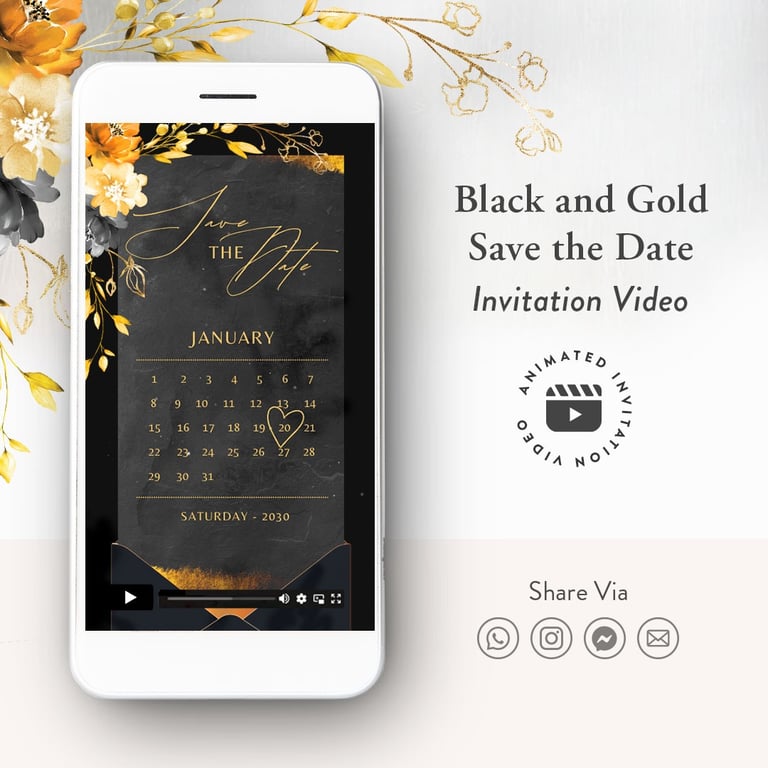 black save the date wedding invitation video template, animated black gold save the date invitation