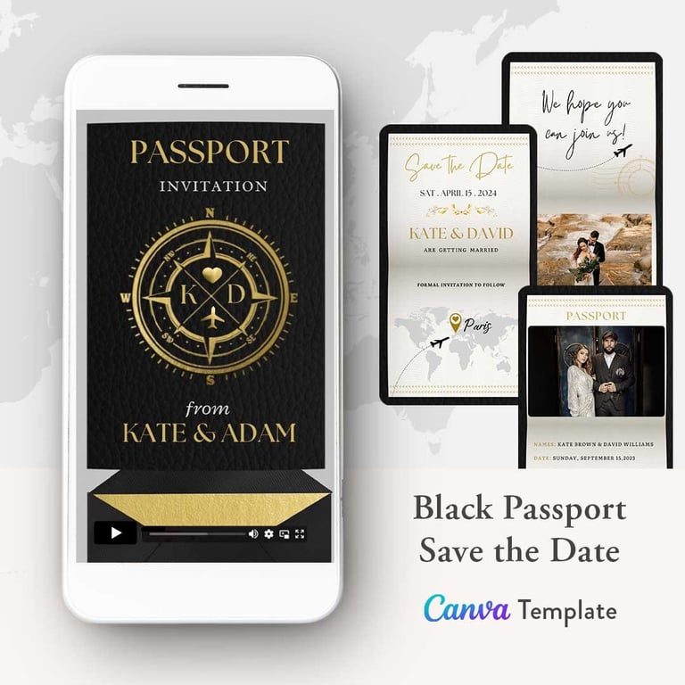 black passport save the date invitation video template, digital black and gold save the date invite