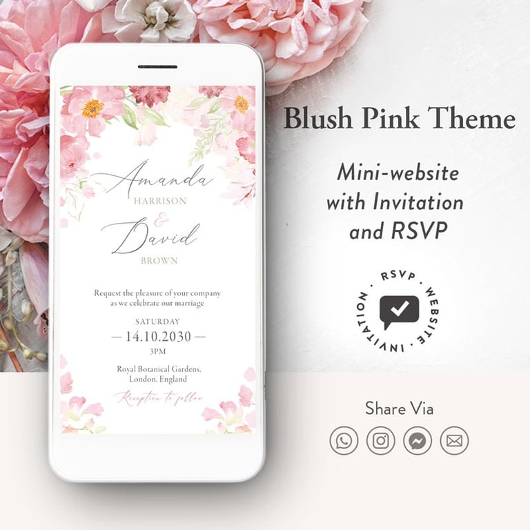 Pink wedding website invitation, digital floral wedding invitation, digital pink wedding invitation