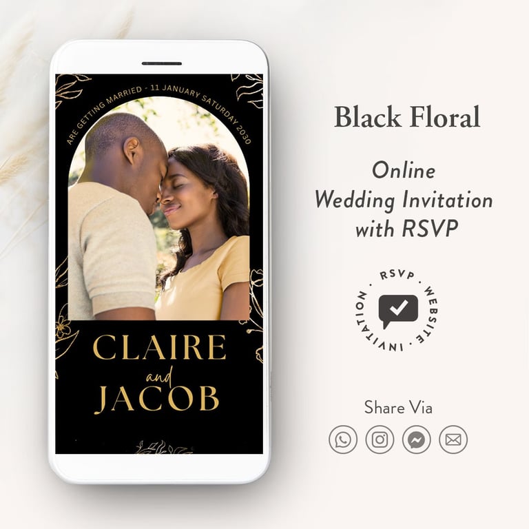 Black wedding website invitation, digital black wedding invitation black and gold wedding invitation