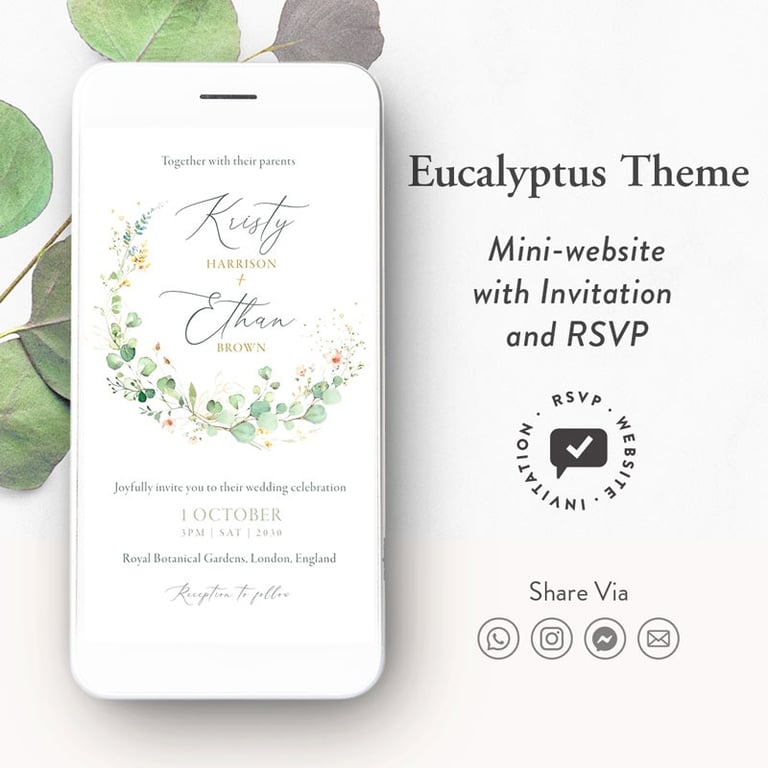 Eucalyptus wedding website, digital Eucalyptus wedding invitation, digital wedding invitation