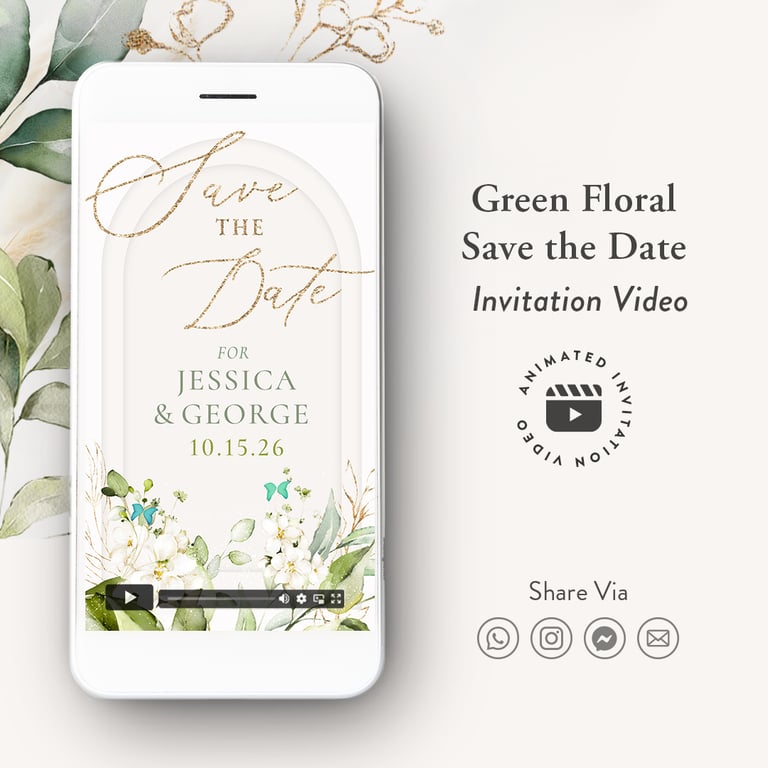digital save the date invitation, green florals save the date wedding invitation video