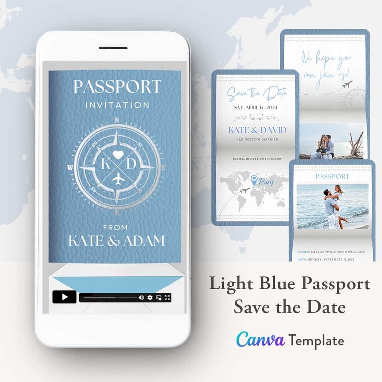 light blue passport save the date invitation video template, digital light blue save the date invite